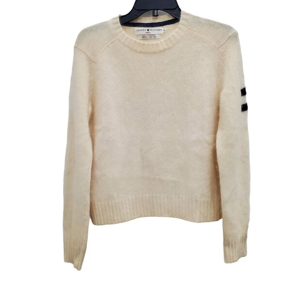 Tommy Hilfiger Women's Vintage Y2K Cream Lambswool Angora‎ Preppy Flag Sweater M - Picture 1 of 7